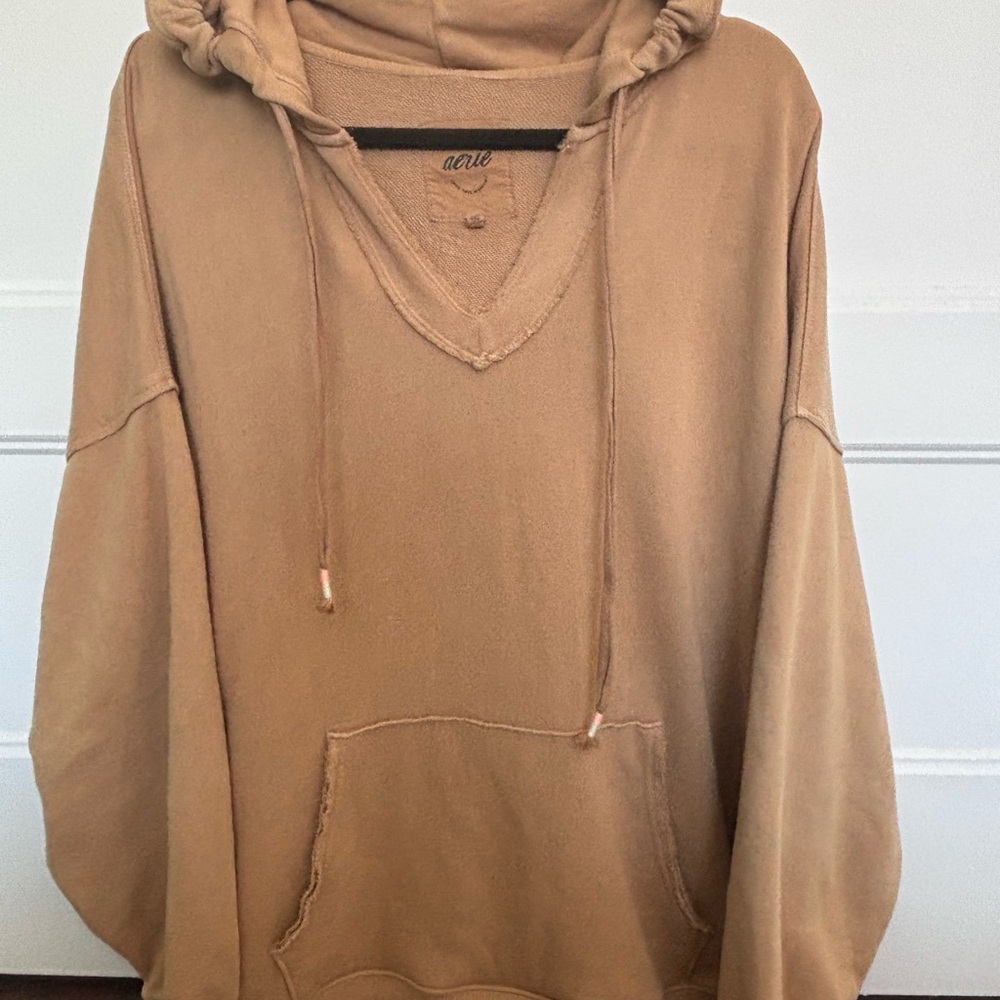 Aerie Tan V-Neck Hoodie with Drawstrings
